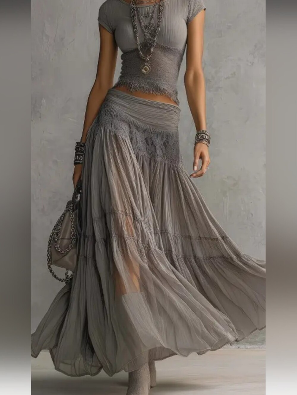 Women's Flowy Gray Maxi Skirt - And Top Elegant Boho Style